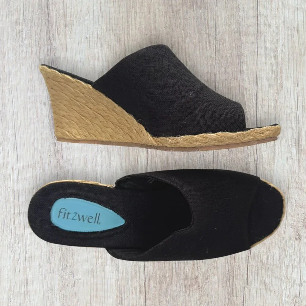 NEW FITZWELL Black Slip On Slide Espadrille Wedge Peep Toe Sandals Jute 8 WW